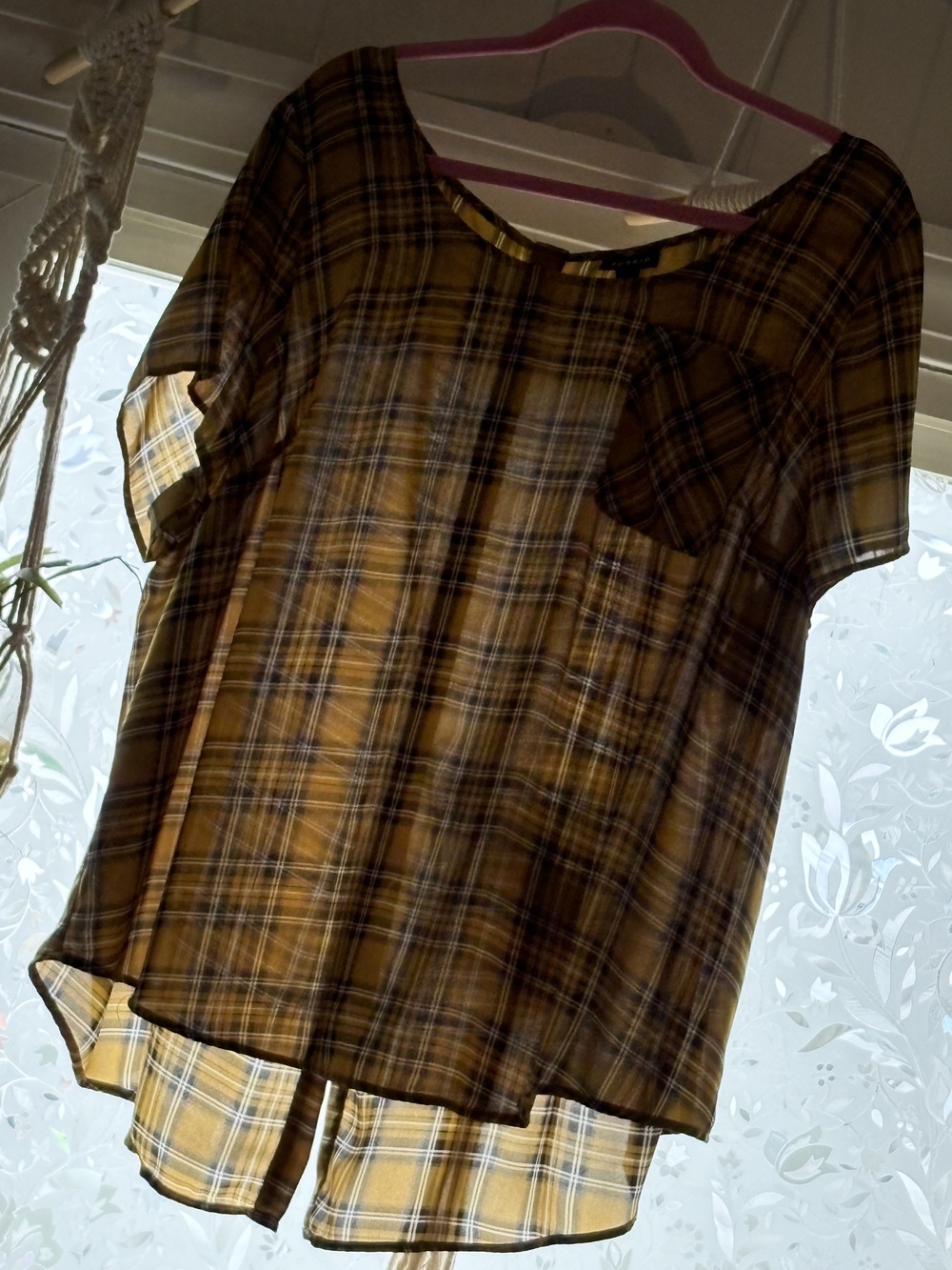 Torrid Women's Mustard Yellow Plaid Blouse Size 2 Short Sleeve Button Back Top